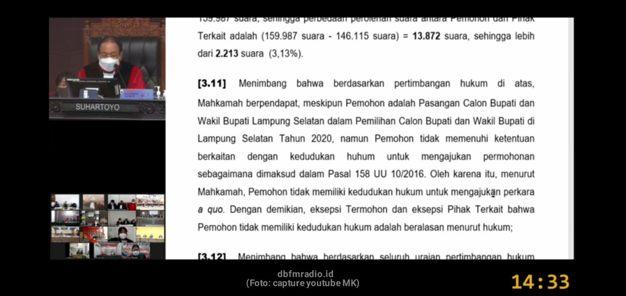 Sengketa Pilkada Lampung Selatan, Gugatan Ditolak Mahkamah Konstitusi.