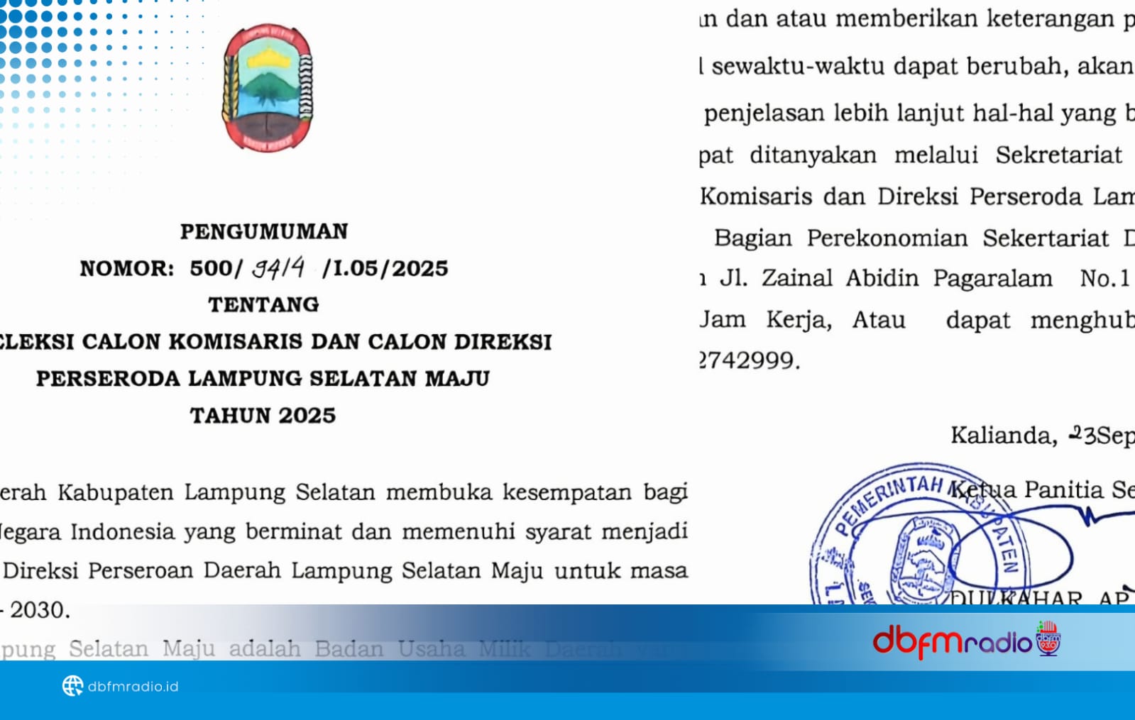 Pemkab Lampung Selatan Buka Seleksi Calon Komisaris dan Direksi Perseroda Lampung Selatan Maju 2025–2030