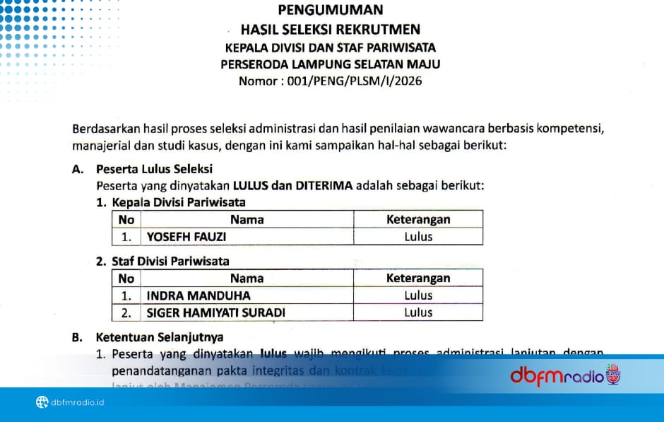 PENGUMUMAN HASIL SELEKSI REKRUTMEN KEPALA DIVISI & STAF PARIWISATA PERSERODA LAMPUNG SELATAN MAJU