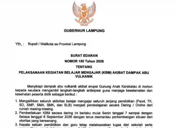 Gunung Anak Krakatau Erupsi, Seluruh Jenjang Sekolah di Lampung Diminta Belajar dari Rumah