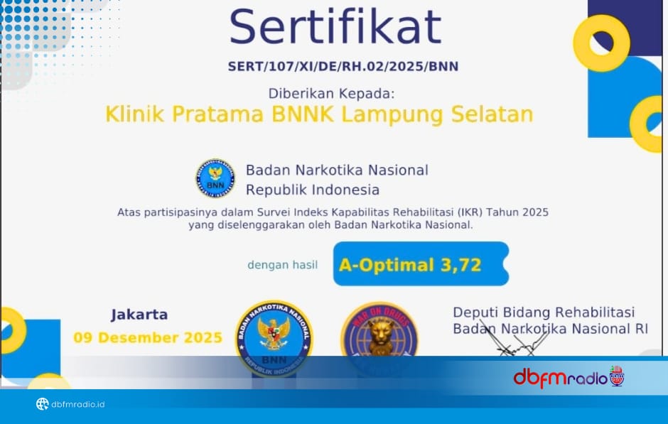 BNNK Lampung Selatan Terima Penghargaan atas Dedikasi Pelayanan Rehabilitasi