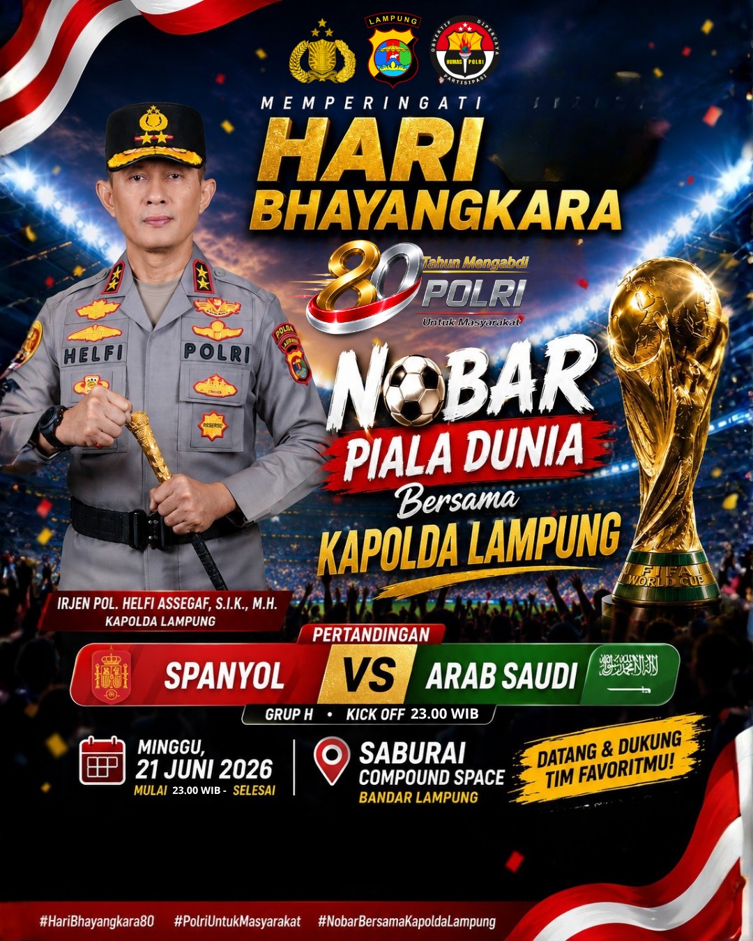 Semarak Hari Bhayangkara ke-80, Kapolda Lampung Ajak Warga Nobar Arab Saudi vs Spanyol