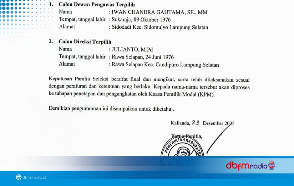 PENGUMUMAN PENETAPAN CALON DEWAN PENGAWAS DAN DIREKSI TERPILIH PERUMDA TIRTA JASA TAHUN 2025
