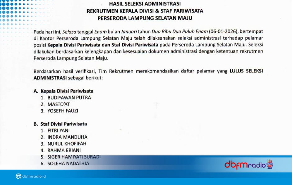 PENGUMUMAN BERITA ACARA HASIL SELEKSI ADMINISTRASI REKRUTMEN KEPALA DIVISI & STAF PARIWISATA